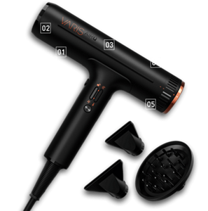 Black Varis AIRQ hairdryer with different additional adapters and diffusors