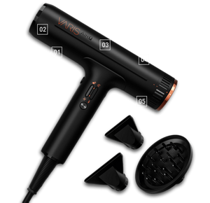 Black Varis AIRQ hairdryer with different additional adapters and diffusors
