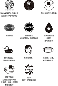 沙滩友好型配方 环保设计（已实施水环境风险评估） 防止微粒子污垢附着 耐摩擦型 超级防水型 卓越的耐水、防脱落功能 含美容液成分 （保湿） 透明质酸钠 使用洁面品、 沐浴露即可卸除 饰底乳效果 不易沾附于口罩、 毛巾等物品上 保湿不粘腻 打造全身光泽美肌 令面部、锁骨、后颈部 都熠熠生辉 耐汗 耐汗、防脱落功能