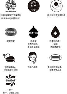 海洋友善配方 (考量符合部分國家．地區．海灘法規的設計)。SPF50+。防止微粒子髒汙附著。抗摩擦。防水機能 不易脫落功能。美容液成分（保濕）<玻尿酸鈉>。一般洗面乳、沐浴乳即可卸淨。妝前打底效果。不易沾附口罩、毛巾等。强抗汗水 不易脫落功能