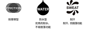 抗摩擦。防水機能 不易脫落功能。强抗汗水 不易脫落功能