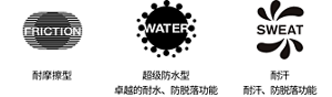 抗摩擦。極效防水 不易脫落功能。强抗汗水 不易脫落功能