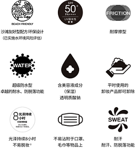 沙滩友好型配方 环保设计（已实施水环境风险评估） 耐摩擦型 超级防水型 卓越的耐水、防脱落功能   含美容液成分 （保湿） 透明质酸钠 平时使用的 卸妆产品即可卸除 8小时 不易脱妆、 毛巾等物品上  耐汗 耐汗、防脱落功能