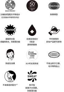 沙滩友好型配方 环保设计（已实施水环境风险评估） 耐摩擦型超级防水型 卓越的耐水、防脱落功能  含美容液成分 （保湿） 透明质酸钠平时使用的 卸妆产品即可卸除 饰底乳效果 8小时长效持妆 不易沾附于口罩、 毛巾等物品上 不易致痘的配方*¹  耐汗型  抵御汗水侵袭， 防脱落功能