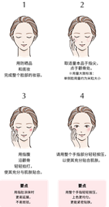 1. 用防晒品 和底妆 完成整个脸部的妆容。 2. 取适量本品于指尖， 点于颧骨处。 ※用量大致标准： 单侧脸用量约为米粒大小 3. 用指腹 沿颧骨 轻轻拍打， 使其充分与肌肤贴合。要点用指肚涂抹时 更易延展， 不易斑驳。 4. 请用整个手指部分轻轻按压， 以使其充分贴合肌肤。要点用整个手指轻轻按压， 上色更均匀， 更能紧密贴肤。