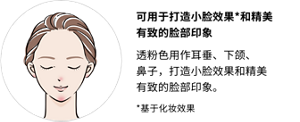 可用于打造小脸效果*和精美有致的脸部印象　透粉色用作耳垂、下颌、 鼻子，打造小脸效果和精美有致的脸部印象。　*来自于化妆效果
