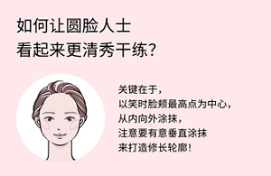 如何让圆脸人士 看起来更清秀干练？ 关键在于， 以笑时脸颊最高点为中心， 从内向外涂抹， 注意要有意垂直涂抹 来打造修长轮廓！