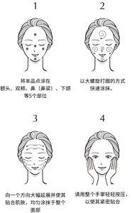 1. 将本品点涂在 额头、双颊、鼻（鼻梁）、下颌 等5个部位。 2. 以大螺旋打圈的方式 快速涂抹。 3. 向一个方向大幅延展并使其贴合肌肤，均匀涂抹于整个面部 4. 请用整个手掌轻轻按压，以使其紧密贴合