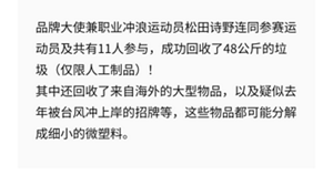 品牌大使兼职业冲浪运动员松田诗野连同参赛运动员及共有11人参与，成功回收了48公斤的垃圾（仅限人工制品）！ 其中还回收了来自海外的大型物品，以及疑似去年被台风冲上岸的招牌等，这些物品都可能分解成细小的微塑料。