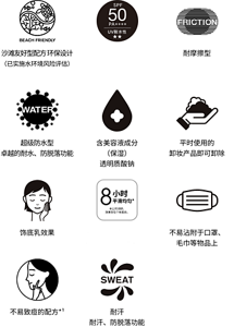 BEACH FRIENDLY  沙灘友好型配方 環保設計（已實施水環境風險評估）  SPF 50 / PA++++ / UV耐水性 ★★  FRICTION  耐摩擦型　WATER  超級防水型  卓越的耐水、防脫落功能  含美容液成分（保濕）  透明質酸鈉  平時使用的卸妝產品即可卸除　飾底乳效果  8 小時 平滑均勻*  本公司調研。效果存在個體差異。  不易沾附於口罩、毛巾等物品上　不易致痘的配方*¹  SWEAT  耐汗  耐汗、防脫落功能