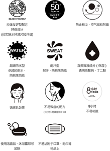沙滩友好型配方 环保设计 (已实施水环境风险评估)  SPF 50+ PA++++ UV耐水性 ★★  防止粉尘、空气微粒附着  超级防水型 卓越的耐水、防脱落功能  耐汗型 耐汗、防脱落功能  含美容液成分（保湿） 透明质酸钠、丁二醇  饰底乳效果  不易致痘的配方 已经过不易致痘测试 ※1  8小时 不易粘腻 本公司调研，感受存在个体差异。  使用洁面品、沐浴露即可卸除  不易沾附于口罩、毛巾等物品上