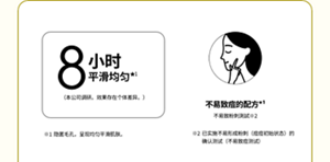 8 小時 平滑均勻*¹  （本公司調研。效果存在個體差異。）不易致痘的配方*¹  不易致粉刺測試※2  ※1 隱匿毛孔，呈現均勻平滑肌膚。  ※2 已實施不易形成粉刺（痘痘初始狀態）的確認測試（不易致痘測試）