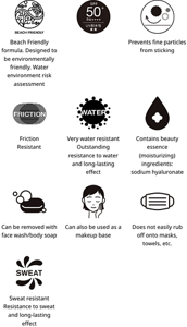 Beach Friendly formula. Designed to be environmentally friendly​. Water environment risk assessment.SPF 50+.PA++++.Prevents fine particles from sticking.Friction Resistant.Very water resistant Outstanding resistance to water and long-lasting effect.Contains beauty essence (moisturizing) ingredients: sodium hyaluronate.Can be removed with face wash/body soap.Can also be used as a makeup base.Does not easily rub off onto masks, towels, etc.Sweat resistant Resistance to sweat and long-lasting effect