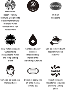 Beach Friendly formula. Designed to be environmentally friendly​. Water environment risk assessment.SPF 50+.PA++++.Friction Resistant.Very water resistant Outstanding resistance to water and long-lasting effect.Contains beauty essence (moisturizing) ingredients: sodium hyaluronate.Can be removed with face wash/body soap.Can also be used as a makeup base.Does not easily rub off onto masks, towels, etc.Sweat resistant Resistance to sweat and long-lasting effect