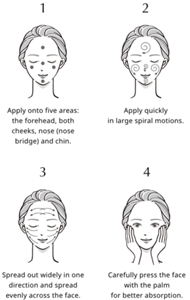 1, Dot onto five areas: forehead, both cheeks, nose (bridge), and chin.2, Apply quickly in large spiral motions.3, Spread out widely in one direction and spread evenly across the face.4, Carefully press the face with the palm for better absorption.