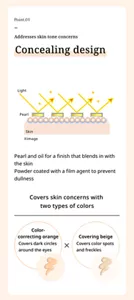 Point.01. Addresses skin tone concerns. Concealing design. Pearl and oil for a finish that blends in with the skin Powder coated with a film agent to prevent dullness. Covers skin concerns with  two types of colors .Color- correcting orange. Covers dark circles  around the eyes.  Covering beige. Covers color spots  and freckles.
