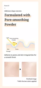 Point.03. Addresses shape concerns. Formulated with Pore-smoothing Powder. Adheres to pores and skin irregularities for a smooth finish.