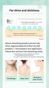 For shine and stickiness  8 No stickiness for hours Effects vary by person. Sunscreen film containing UV absorbers Dry Ball powder※1 provides a smooth, non-sticky feel Sebum-absorbing powder※2 captures sebum to help prevent shine Sebum Skin *Illustration  Sebum-adsorbing powders prevent oily shine, Approximately 60 million dry ball powders※, formulated in one application, reduce skin and hair from becoming sticky.  ※1 Calculated based on a single-use application rate of 2 mg/cm². Contains ingredients to prevent skin stickiness. ※2 In addition to sebum absorption, it also contributes to UV light scattering  Décolletage Nape, back Shoulders, back of neck *All photos represent finished images