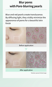 Blur pores with Pore-blurring pearls  Blue and red pearls create translucence. By diffusing light, they visibly minimize the appearance of pores for a beautiful skin finish  Before application  After application *All photos represent finished images
