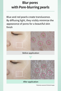 Blur pores with Pore-blurring pearls  Blue and red pearls create translucence. By diffusing light, they visibly minimize the appearance of pores for a beautiful skin finish  Before application  After application *All photos represent finished images