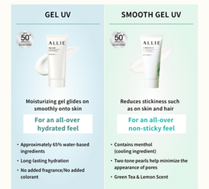 GEL UV SPF 50+ PA++++ / Very water resistant  ALLIE GEL UV EX (Product Image)  Moisturizing gel glides on smoothly onto skin  For an all-over hydrated feel  Approximately 65% water-based ingredients  Long-lasting hydration  No added fragrance/No added colorant  SMOOTH GEL UV SPF 50+ PA++++ / Very water resistant  ALLIE SMOOTH GEL UV (Product Image)  Reduces stickiness such as on skin and hair  For an all-over non-sticky feel  Contains menthol (cooling ingredient)  Two-tone pearls help minimize the appearance of pores  Green Tea & Lemon Scent