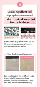 Point 01  Sweat-repellent veil  helps repel sweat from skin and  reduces skin discomfort from stickiness    Without pathway within UV film *  Sweat water-based ingredients  Sunscreen agent  Image  *Our previous technology  Skin    With pathway within UV film  Sweat water-based ingredients  Sunscreen agent  Image  Because there is a pathway within the UV film, sweat does not stay and instead is repelled to outside the UV film.  Water droplet image after sweating    Without pathway withinUV film *  *Our previous technology    With pathway within UV film  Less sweat stays on skin as it forms beads thanks to its high water repellency, reducing skin discomfort from stickiness. Skin stays smooth even after sweating.