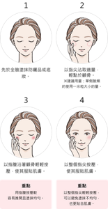 1. 先於全臉塗抹防曬品或底妝。2. 以指尖沾取適量，輕點於顴骨。※建議用量：單側臉頰約使用一米粒大小的量。3. 以指腹沿著顴骨輕輕按壓，使其服貼肌膚。重點 用指腹按壓較容易推開且塗抹均勻。4. 以整個指尖按壓，使其服貼肌膚。重點 以整個指尖輕輕按壓，可以避免塗抹不均勻，也更貼合肌膚。