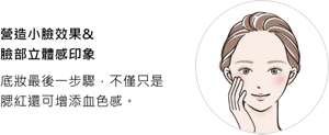 營造小臉效果&臉部立體感印象。底妝最後一步驟，不僅只是腮紅還可增添血色感。