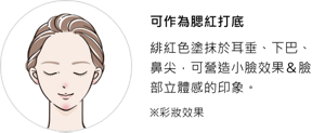 可作為腮紅打底。緋紅色塗抹於耳垂、下巴、鼻尖，可營造小臉效果＆臉部立體感的印象。※彩妝效果