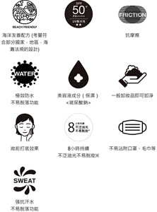 海洋友善配方 (考量符合部分國家．地區．海灘法規的設計)。SPF50+。抗摩擦。極效防水 不易脫落功能。美容液成分（保濕）<玻尿酸鈉>。一般卸妝品即可卸淨。妝前打底效果。8小時持續 不泛油光不易脫妝※。不易沾附口罩、毛巾等。强抗汗水 不易脫落功能