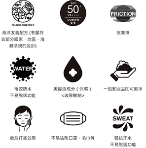 海洋友善配方 (考量符合部分國家．地區．海灘法規的設計)。SPF50+。抗摩擦。極效防水 不易脫落功能。美容液成分（保濕）<玻尿酸鈉>。一般卸妝品即可卸淨。妝前打底效果。不易沾附口罩、毛巾等。强抗汗水 不易脫落功能