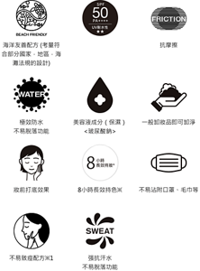 海洋友善配方 (考量符合部分國家．地區．海灘法規的設計)。SPF50+。抗摩擦。極效防水 不易脫落功能。美容液成分（保濕）<玻尿酸鈉>。一般卸妝品即可卸淨。妝前打底效果。8小時長效持色※。不易沾附口罩、毛巾等。不易致痘配方※1。强抗汗水 不易脫落功能