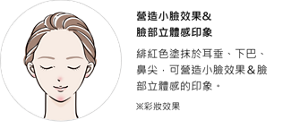 營造小臉效果&臉部立體感印象。緋紅色塗抹於耳垂、下巴、鼻尖，可營造小臉效果＆臉部立體感的印象。※彩妝效果