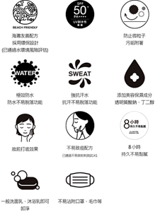 海洋友善配方(已通過水環境風險評估*3)。強力抗UV。抗摩擦。極效防水 不易脫落的功能。美容液成分（保濕）<玻尿酸鈉>。一般卸妝品即可卸淨。妝前打底效果。8小時持妝力*。不易沾附口罩、毛巾等。不易致痘配方*1。抗汗不易脫落功能