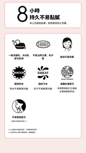 8 小時 持久不易黏膩 本公司調查結果。使用感受因人而異。  一般洗面乳、沐浴乳即可卸淨 不易沾附口罩、毛巾等 妝前打底效果  WATER 極效防水 防水不易脫落功能 SWEAT 強抗汗水 抗汗不易脫落功能 BEACH FRIENDLY 海灘友善配方 採用環保設計(已通過水環境風險評估)  不易致痘配方 已通過不易致粉刺測試 ※1  ※1 已通過不易致痘測試、不易致粉刺測試 ※2 ※2 並非所有人都不會致粉刺（暗瘡誘因）。