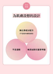 Point 03 為肌膚設想的設計  無化學成分配方 (不含紫外線吸收劑)  不含酒精  無添加對羥基苯甲酸