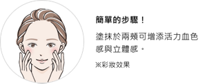 簡單的步驟！塗抹於兩頰可增添活力血色感與立體感。※彩妝效果