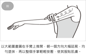 腕：以大範圍畫圓在手臂上推開，朝一個方向大幅延展，均勻塗抹，再以整個手掌輕輕按壓，使其服貼肌膚。