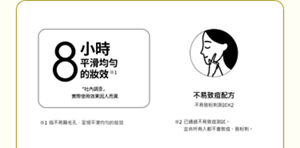 8小時 平滑均勻的妝效※1（*社內調査，實際使用效果因人而異）　不易致痘配方（不易致粉刺測試※2）