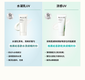 水凝乳UV SPF 50+ PA++++ UV耐水性 ★★ ALLIE GEL UV EX SPF50+ PA++++ 水凝乳質地，清爽好推勻 推薦給喜歡水潤膚觸的你  約65%水相成分  長時間保持水潤  無添加香料、色素   涼感UV SPF 50+ PA++++ UV耐水性 ★★ ALLIE SMOOTH GEL UV SPF50+ PA++++ 抑制肌膚與頭髮等部位的黏膩感 推薦給喜歡乾爽膚觸的你  薄荷醇配方(清涼効果)  雙色光感粒子柔焦毛孔  綠茶&檸檬香調
