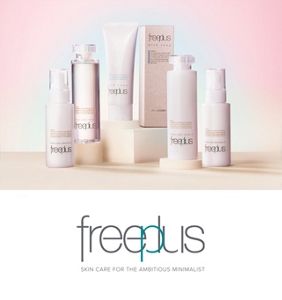  Five different Freeplus products of various sizes positioned next to each other on a sill with nature in the background. 