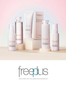 Five different Freeplus products of various sizes positioned next to each other on a sill with nature in the background. 