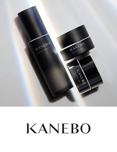 Four different Kanebo products featuring darker packaging surrounded by cream in the background and bubbles in the foreground. 