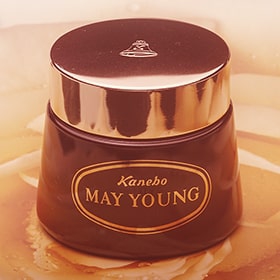  An early Kanebo product in brown packaging featuring the words, “Kanebo” and “MAY YOUNG”. 
