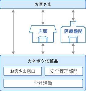お客さまから直接または店舗や医療機関を通してカネボウ化粧品へ情報が伝えられ、お客様窓口や安全管理部門、全社活動を通じて対応した結果などをカネボウ化粧品よりフィードバックいたします。
