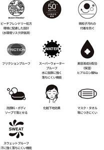 ビーチフレンドリー処方 環境に配慮した設計（水環境リスク評価済）、SPA50+、微粒子汚れの付着を防ぐ、フリクションプルーフ、スーパーウォータープルーフ 水に抜群に強く落ちにくい機能、美容液成分配合（保湿） ヒアルロン酸Na、洗顔料・ボディソープで落とせる、化粧下地効果、マスク・タオル等につきにくい、スウェットプルーフ 汗に強く落ちにくい機能