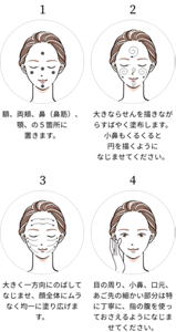 1. 額、両頬、鼻（鼻筋）、顎、の５箇所に置きます。2. 大きならせんを描きながらすばやく塗布します。小鼻もくるくると円を描くようになじませてください。3. 大きく一方向にのばしてなじませ、顔全体にムラなく均一に塗り広げます。4. 目の周り、小鼻、口元、あご先の細かい部分は特に丁寧に、指の腹を使っておさえるようになじませてください。