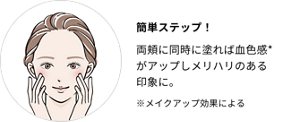 簡単ステップ！両頬に同時に塗れば血色感*がアップしメリハリのある印象に。※メイクアップ効果による