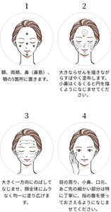 1. 頬、両頬、鼻（鼻筋）、顎の5箇所に置きます。2. 大きならせんを描きながらすばやく塗布します。小鼻はくるくると円を描くようになじませてください。3. 大きく一方向にのばしてなじませ、顔全体にムラなく均一に塗り広げます。4. 目の周り、小鼻、口元、あご先の細かい部分は特に丁寧に、指の腹を使っておさえるようになじませてください。