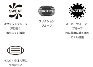 スウェットプルーフ 汗に強く落ちにくい機能。フリクションプルーフ。スーパーウォータープルーフ 水に抜群に強く落ちにくい機能。マスク・タオル等につきにくい。